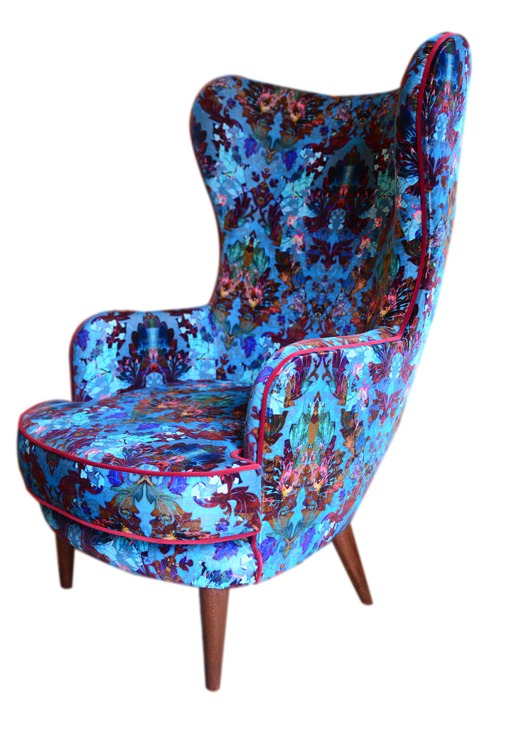 luxury velvet armchair for sale UK, Curved armchair for sale UK, Bespoke armchair for sale UK, luxury furniture for sale UK, Desiger furniture for sale UK, blue patterned velvet for sale UK, Luxury furniture for sale UK, Patterned velvet for sale UK.