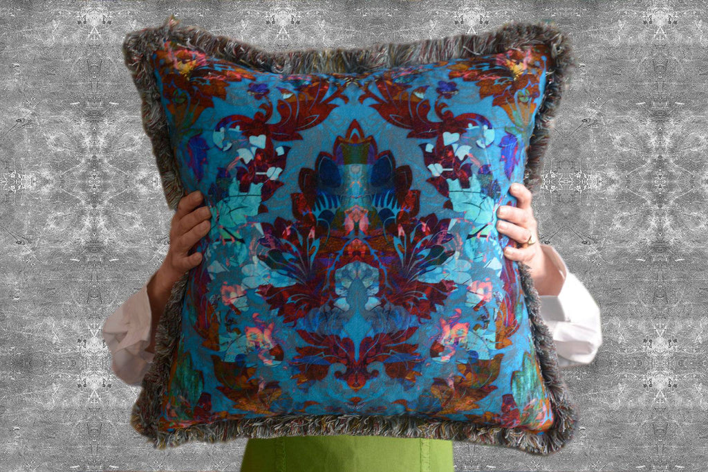 'Orpheus' - Velvet Cushion with Fringing - Blackpop | Designer Wallpaper, Luxury Fabric & Bespoke Furniture,opulent cushions uk,lux velvet cushions,blues and turquoise cushions uk,