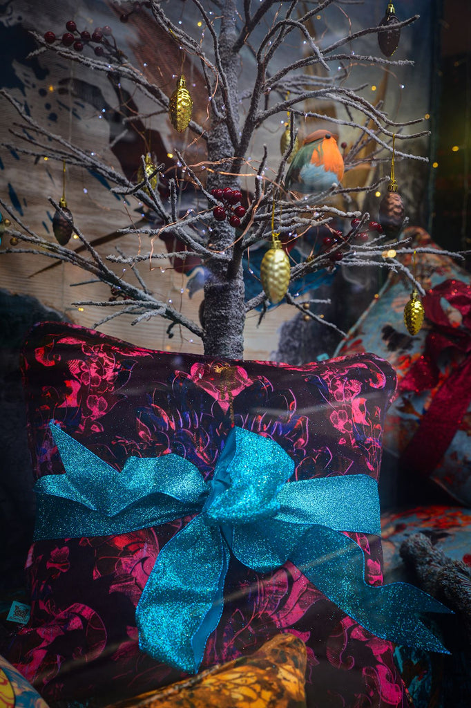 Blackpop christmas gifting,wirksworth christmas windows,pink and purple velvet cushions uk,decadent velvet cushions made in England,bespoke velvet cushions uk,cushions for individual gifts,