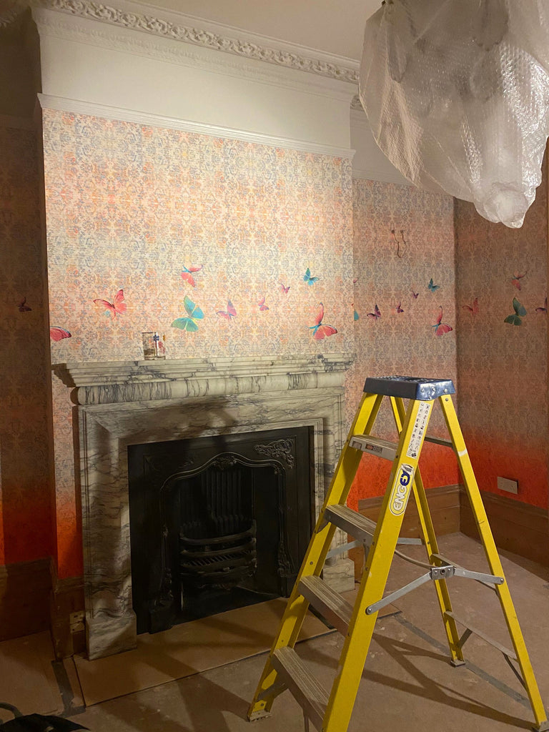 Bespoke Luxury Wallpaper, orange ombré with a band of butterflies