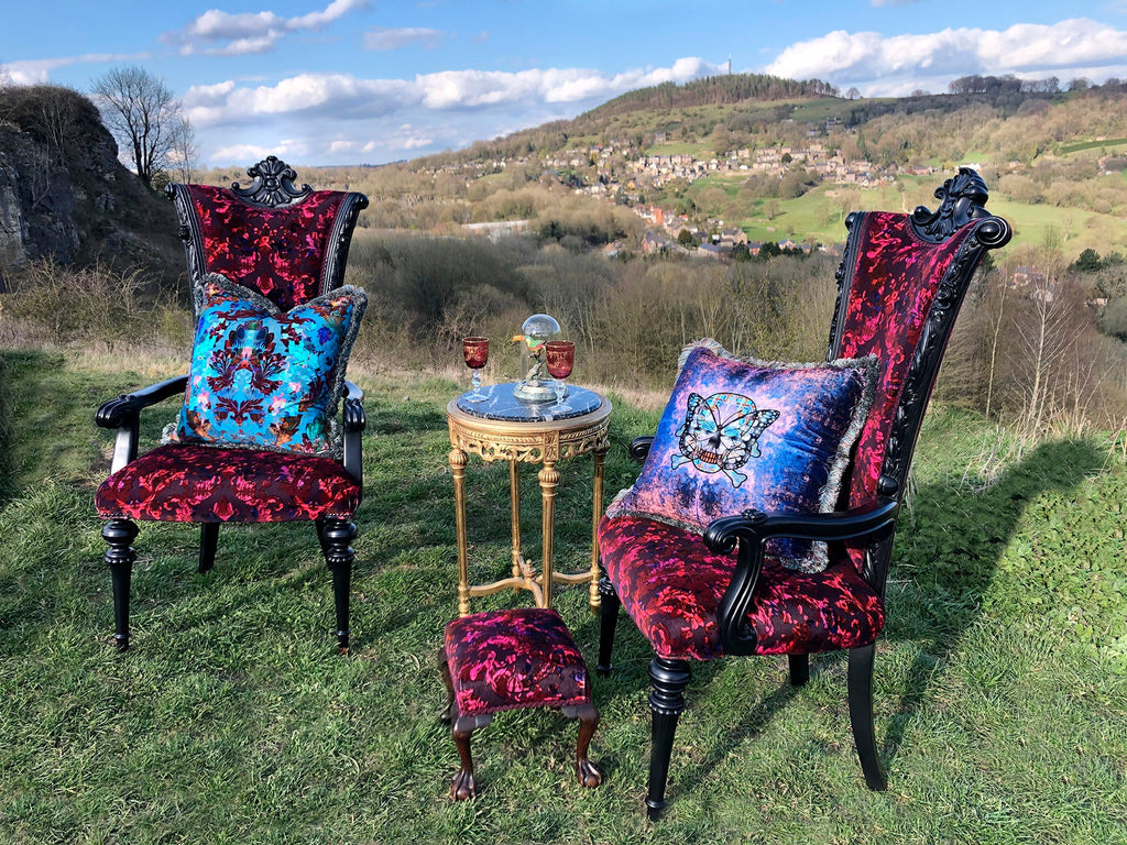 French style chairs, gothic chairs, velvet fabric, damask fabric for upholstery