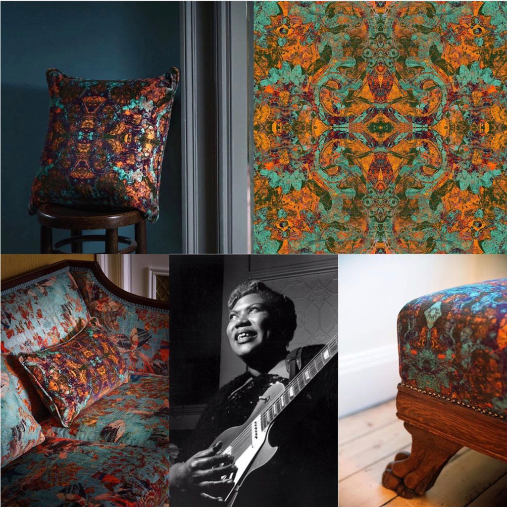 Patterned velvet fabric ‘Rosetta’ named in honour of Sister Rosetta Tharpe