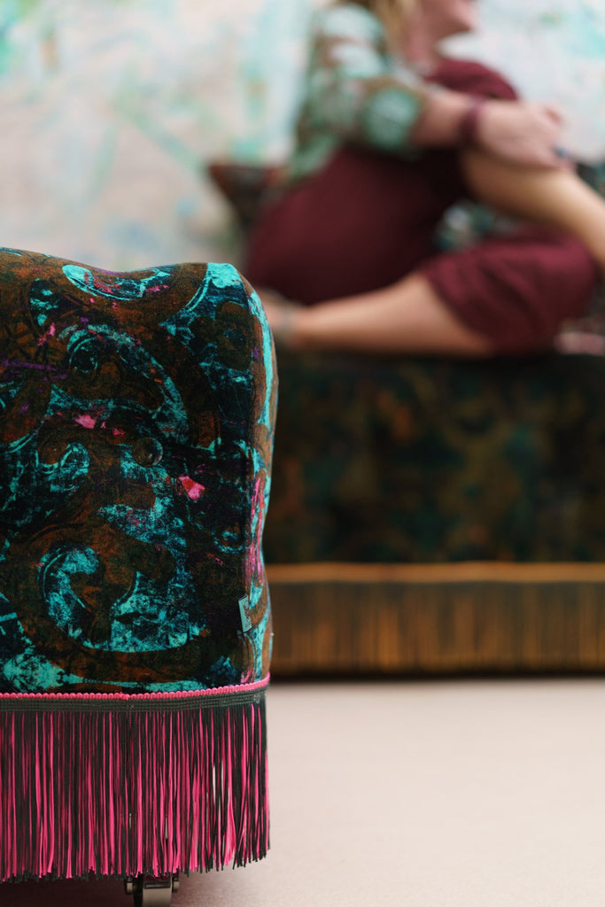 Pouffes on wheels with beautiful locally hand made fringing. We have a few in stock please contact us to find out more  info@blackpop.co.uk  Available in various sizes and velvet fabrics, made in the UK.