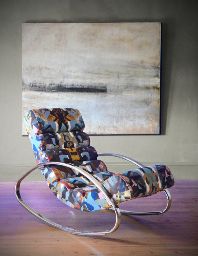 Blue modern wave chair, Contemporary rocking chair, Blue patterned accent chair, Bold furniture deigns, Sustainable velvet chair, interiors shop in Derbyshire 