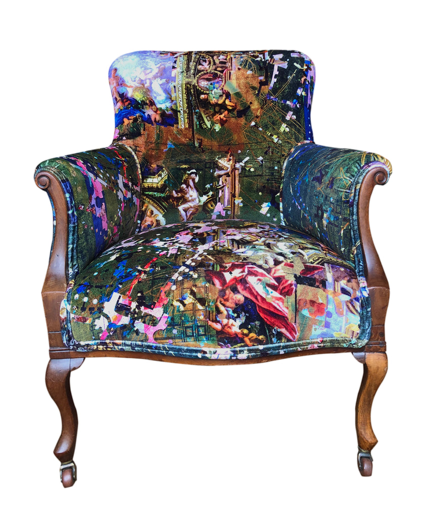 Vintage velvet armchair, Wooden accent chair, Contemporary home decor, upholsterer in Derbsyhire, Dark green patterned velvet, Fabric made in the uk, Interiors shop in derbyshire