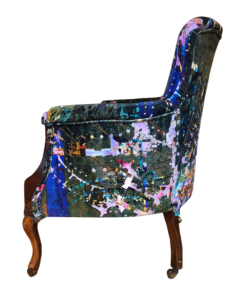 Vintage velvet armchair, Wooden accent chair, Contemporary home decor, upholsterer in Derbsyhire, Dark green patterned velvet, Fabric made in the uk, Interiors shop in Derbyshire