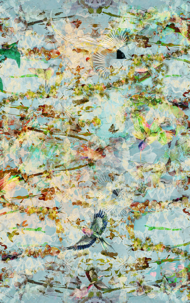 Blackpop Ariel Chorus Wallpaper, Abstract artwork with colorful birds and floral elements on a textured background