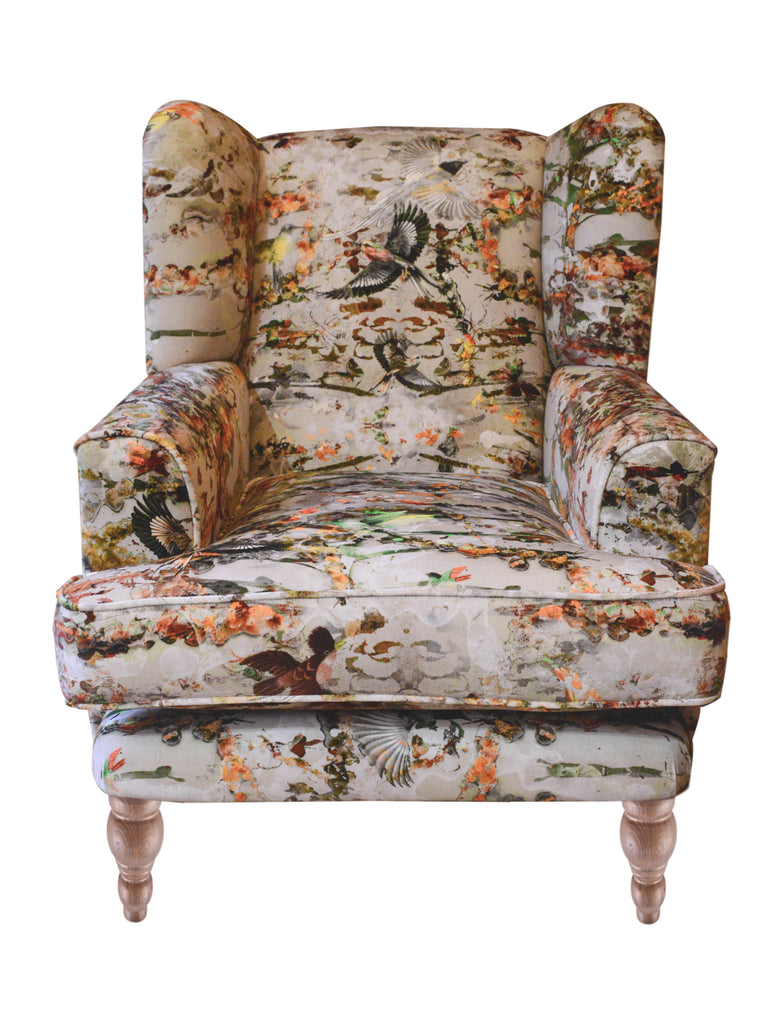Bird patterned wingback chair, modern vintage seating, artistic home decor, comfortable accent chair, Luxury statement chair, Interiors shop in Derbyshire, Wirksworth textiles uk
