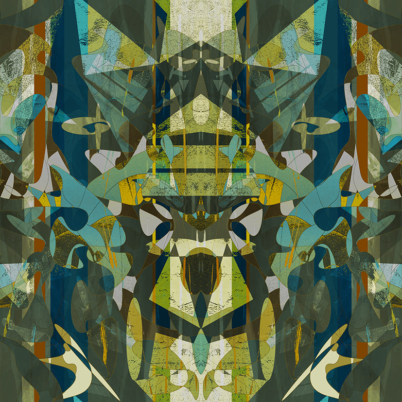 Badu fabric - abstract mirrored velvet in green, teal and ochre with layered dopamine-inspired shapes 