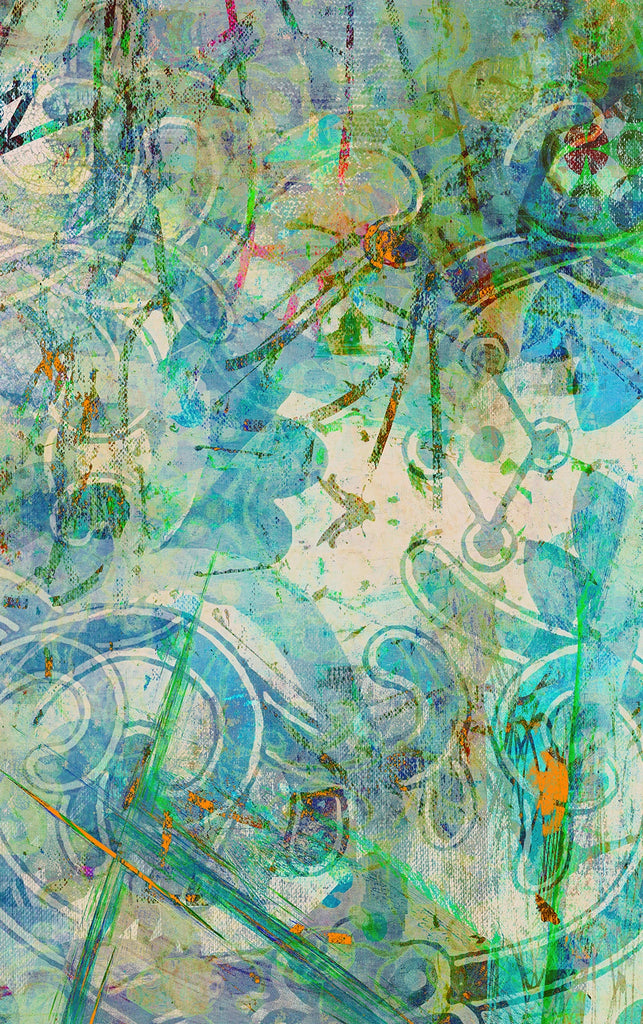 Birdland wallpaper design in teal, green, and blue abstract brushstrokes with layered textures. 