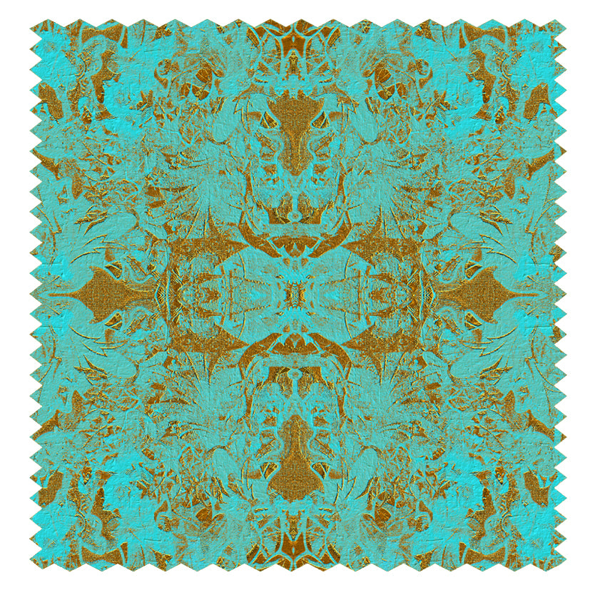 Waldo Blackpop fabric sample with gold and turquoise pattern.