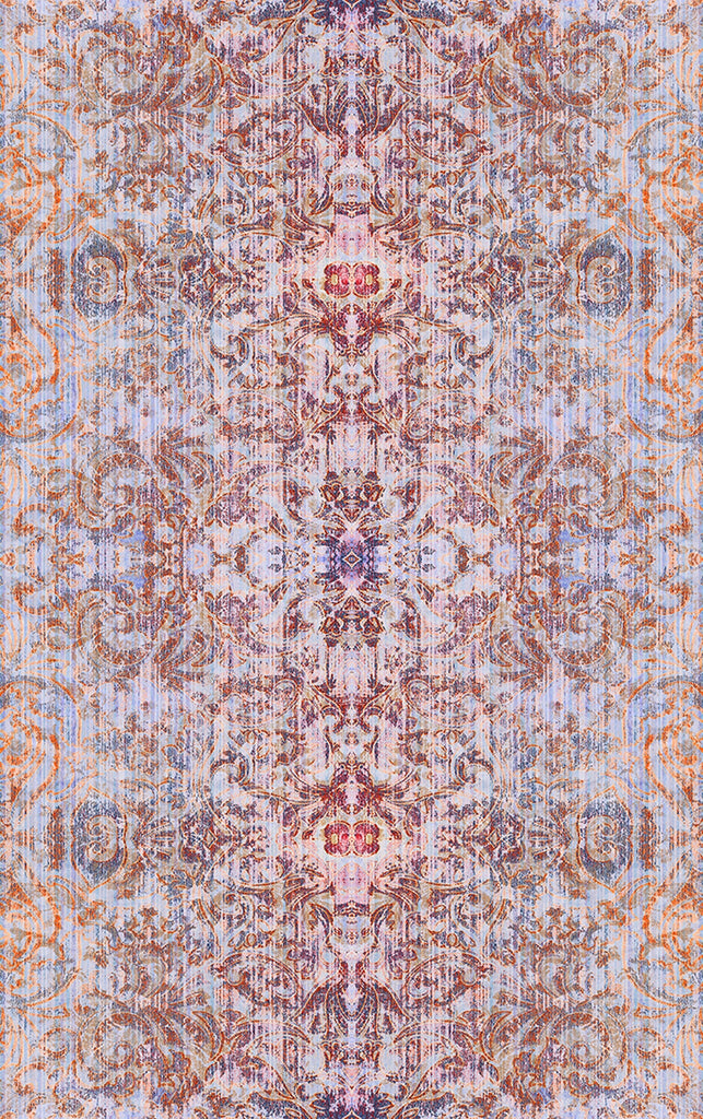 Chapelle Dusk wallpaper displaying a detailed damask pattern in a variety of colours including purple, pink, and orange.