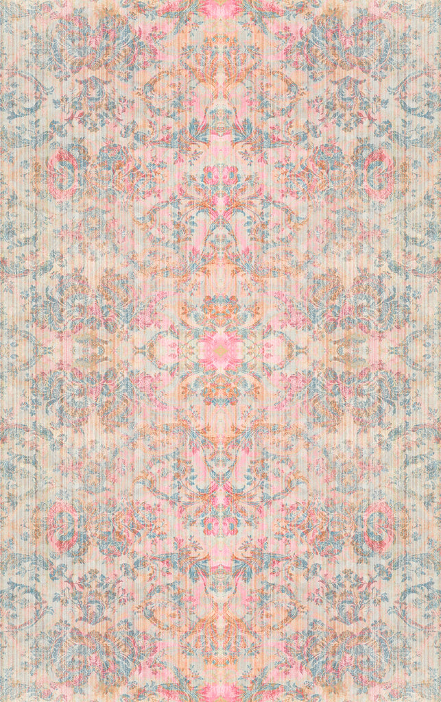 Chapelle Sunrise wallpaper design with a faded damask pattern featuring pink, blue, green, and purple hues, presented in a vertical orientation.