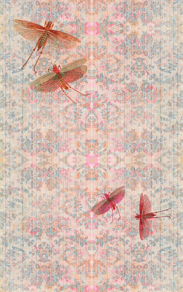 Chapelle with Wings wallpaper showing repeating damask on a pastel hue background. 