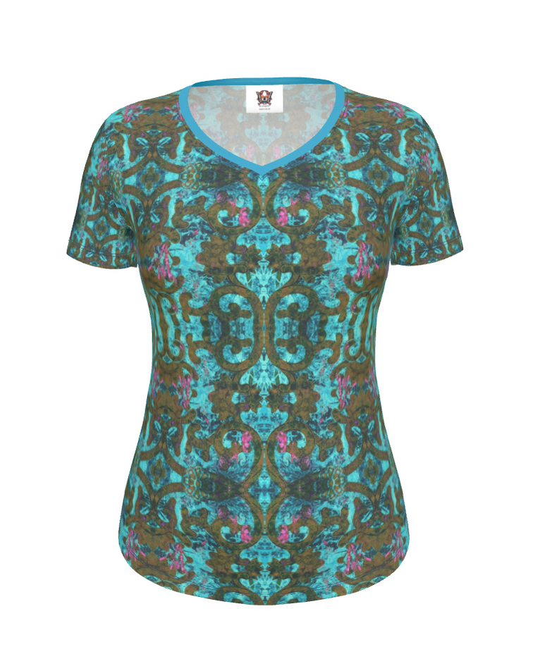 luxury blue t-shirt, designer blue t-shirt, patterned t-shirt, clothes made in the UK, handmade in the UK fashion, UK fashion, Blackpop fashion UK