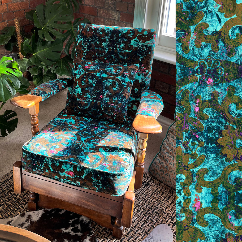 Armchair upholstered in Dizzy velvet fabric with bold turquoise and burnt orange, close up fabric detail on right 
