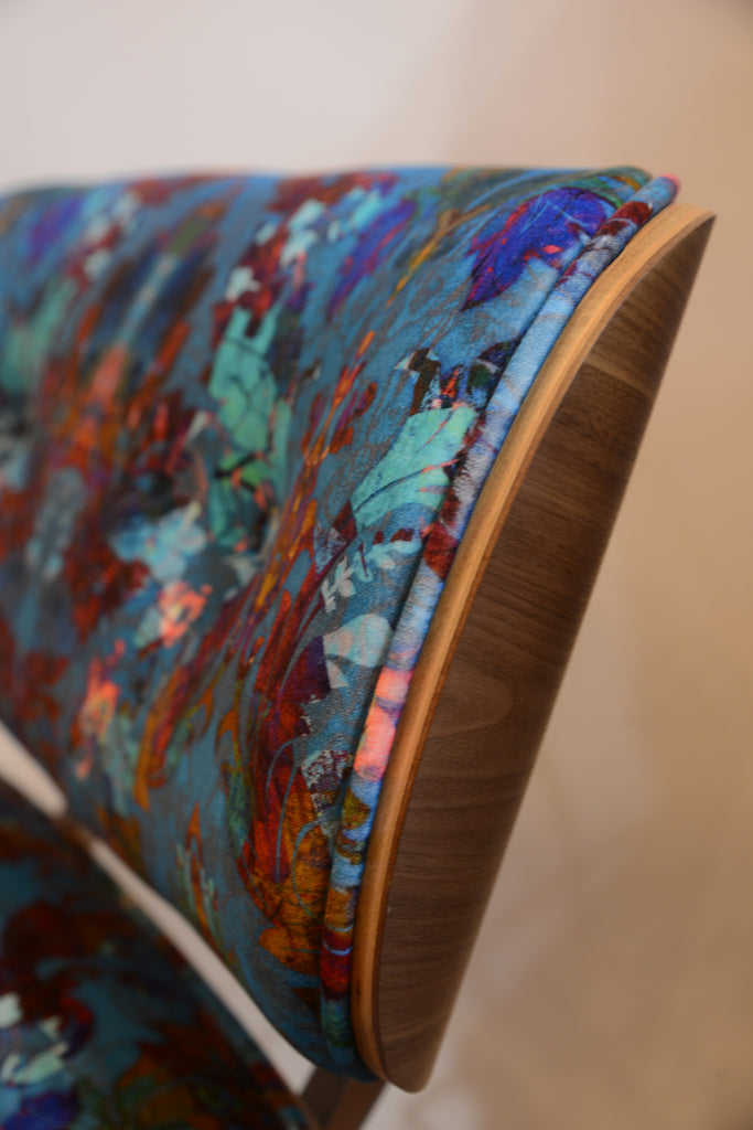 Eames-style chair, Cotton velvet fabric, Designer statement, Made-to-order furniture, Blue velvet lounge chair, Armchair with ottoman, Interiors shop in Derbyshire sale UK, Blackpop UK