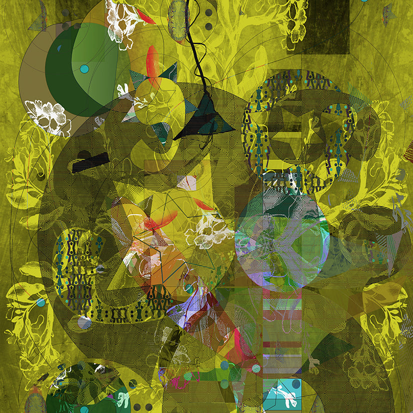 Elektra fabric - layered abstract print in acid green, hot pink, sky blue and black on velvet 