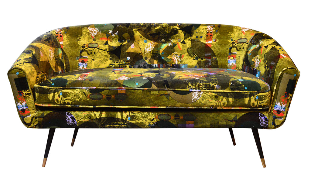 Statement sofa in Elektra fabric - bright graphic velvet in layered green, yellow and magenta abstract design 