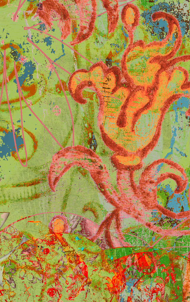 Colorful abstract design with pink and orange elements on a green background