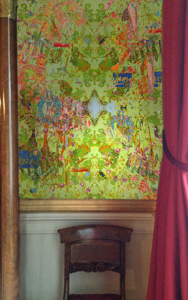 Blackpops Elizabeth Colorful abstract patterned wallpaper with a wooden chair and red curtain in the foreground.