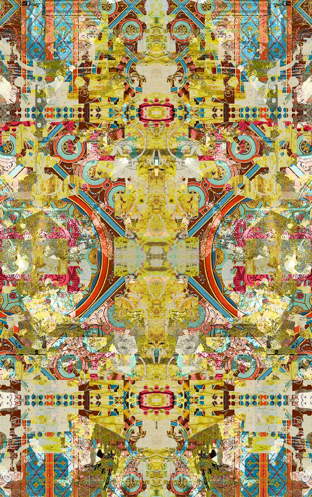 Fresco wallpaper design with intricate mirrored patterns in yellow, red and green tones. 