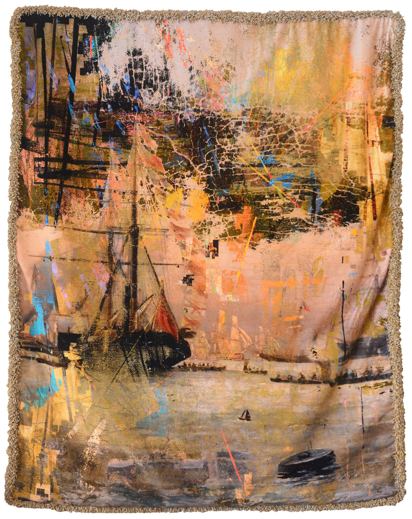 ‘Galliot’ velvet wall hanging with gold rule trim, luxury tapestry inspired by maritime art and seascapes. 