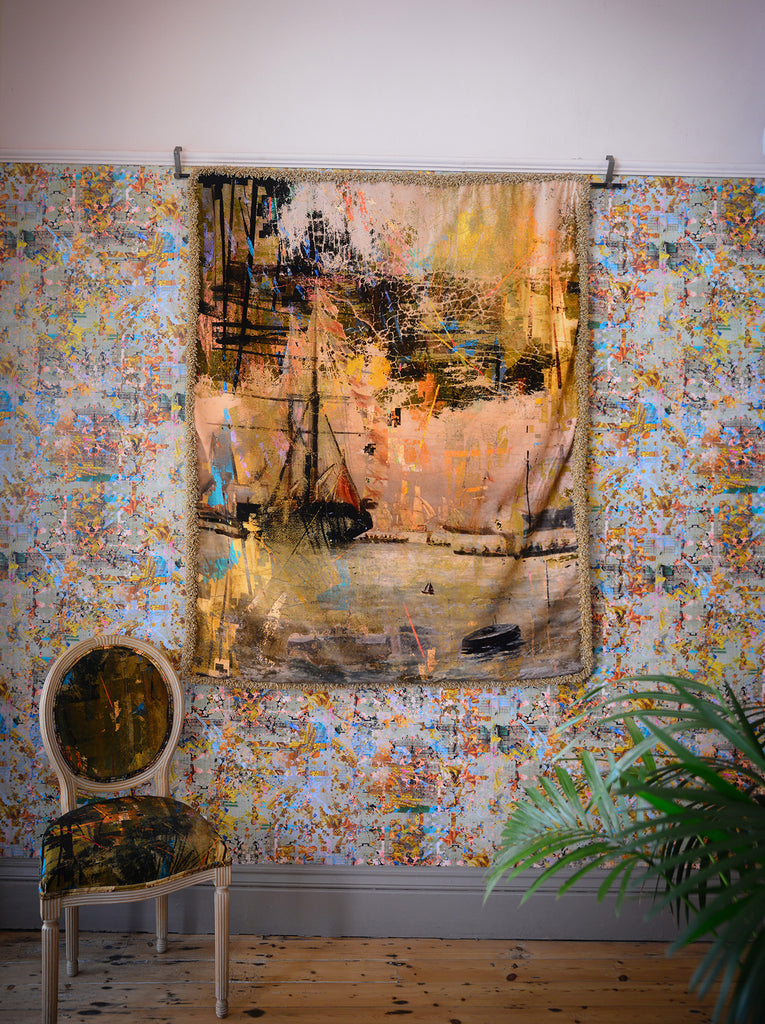 Luxury velvet tapestry ‘Galliot’ with gold ruche trim, statement textile art for elegant interior decor. 
