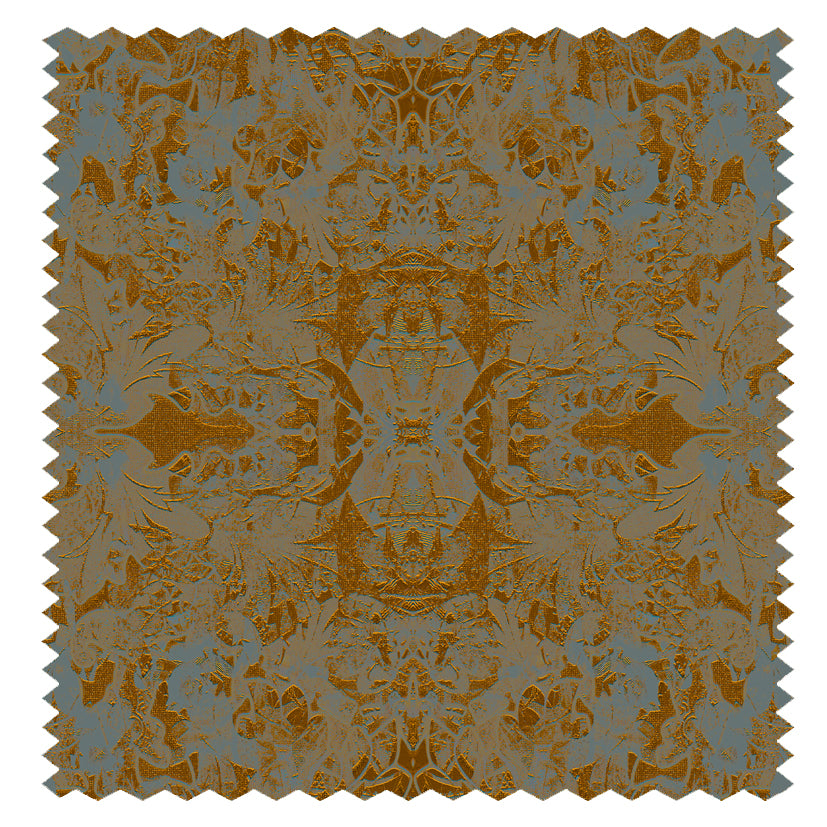 Garbo luxury cotton velvet orange and brown embossed patterns on a blue grey background.