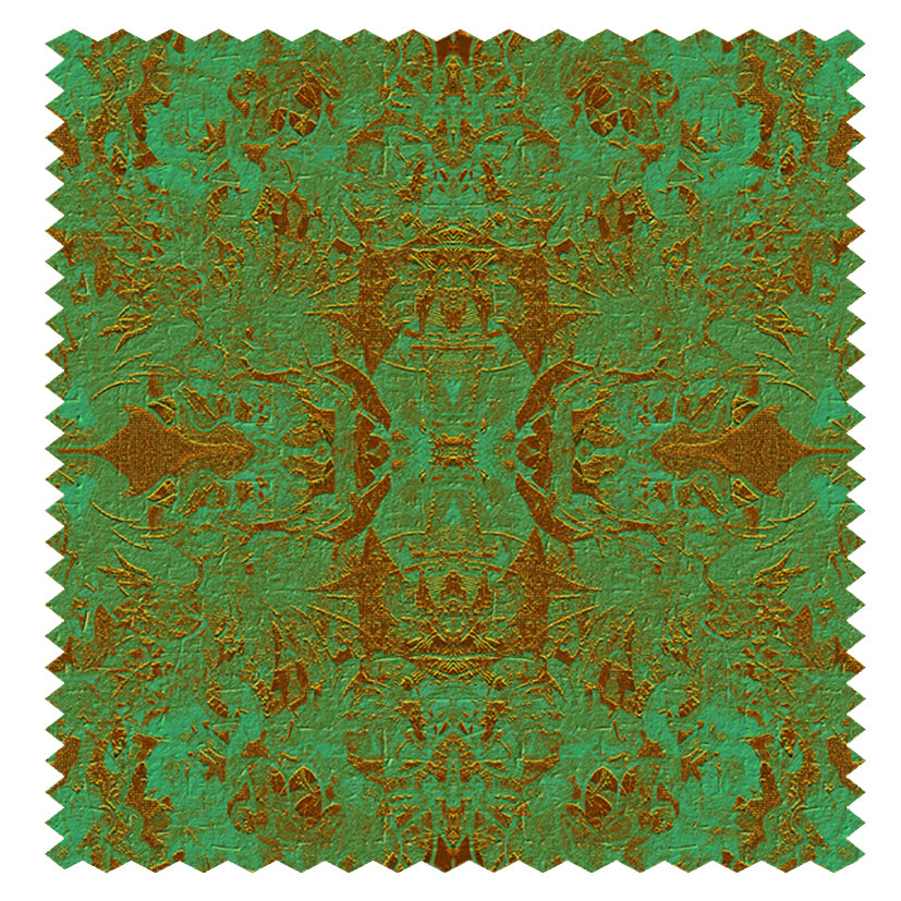 Gatsby textile swatch with green and gold pattern on a white background