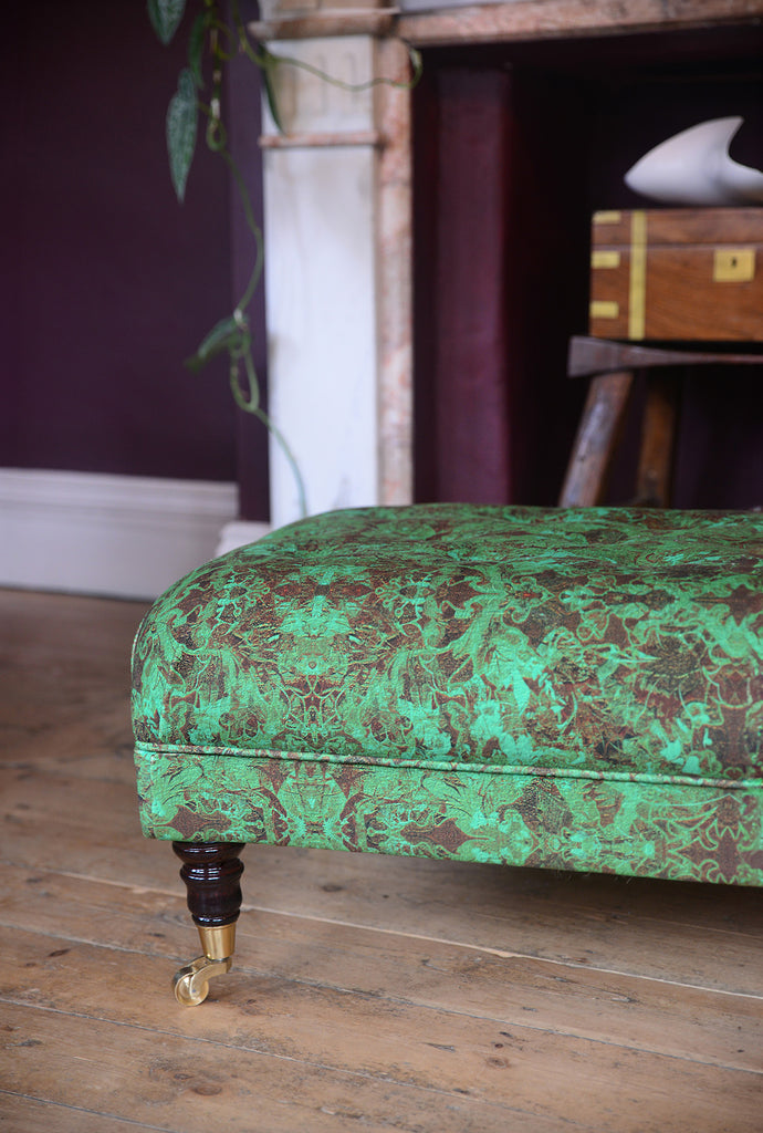 Gatsby luxury sustainable velvet upholstered footstool in green and burnt umber damask pattern 