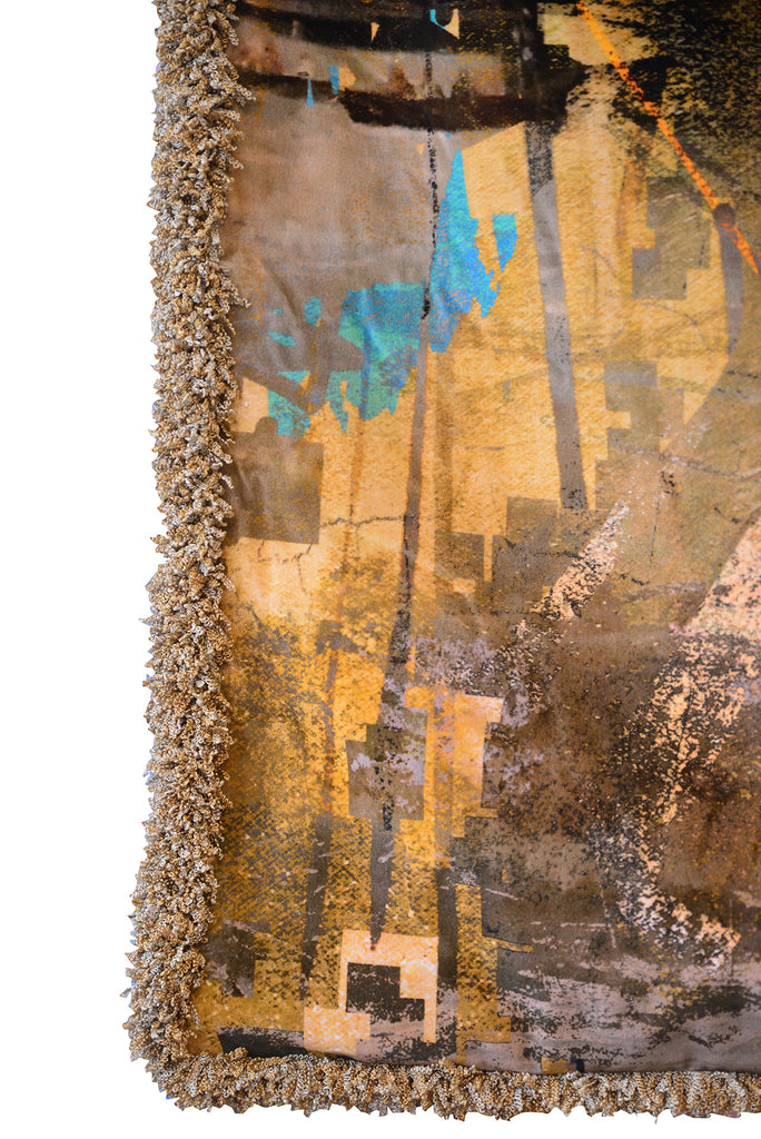 ‘Galliot’ hand-finished velvet wall hanging with gold ruche trim, inspired by Turner’s coastal paintings. 