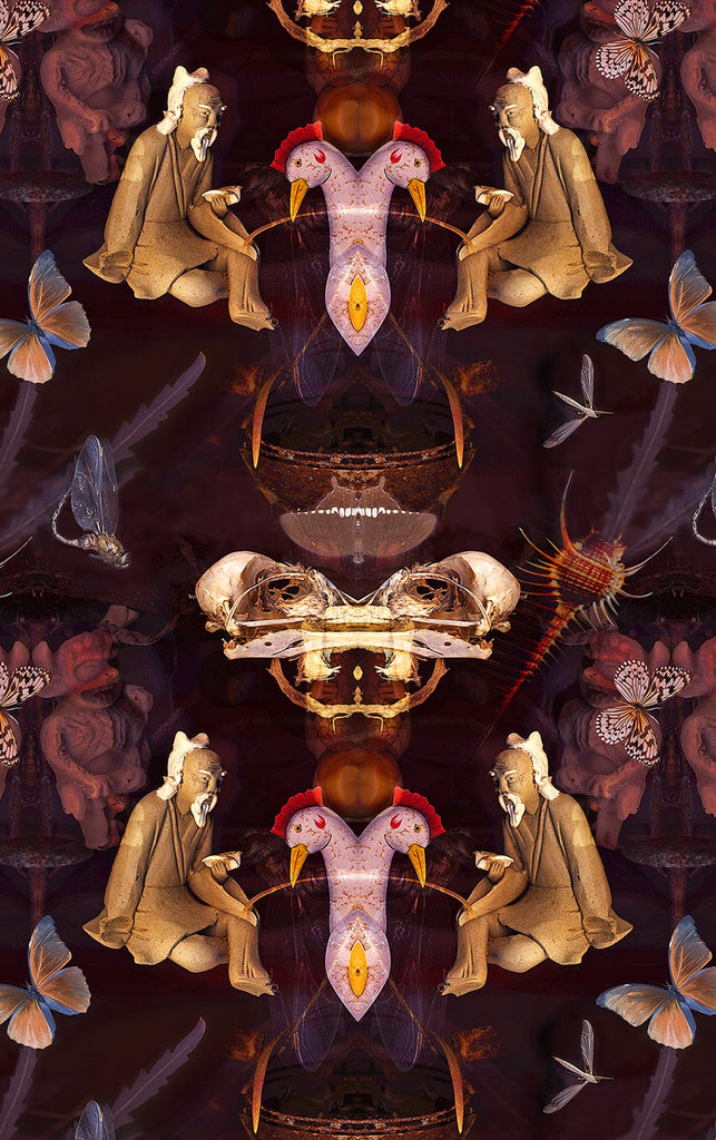 Detailed view of Grand Reader wallpaper showing figures, moths, and fantastical mirrored elements. 
