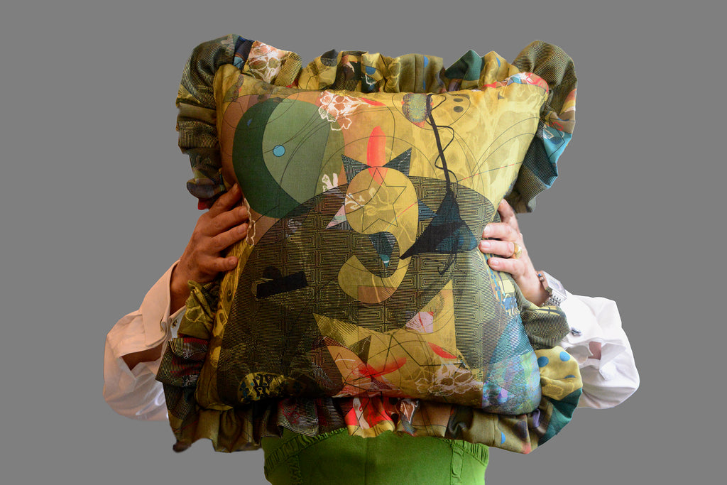 geometric cushions, cushions with frills, green cushions, luxe cushions, cushions for bedrooms,