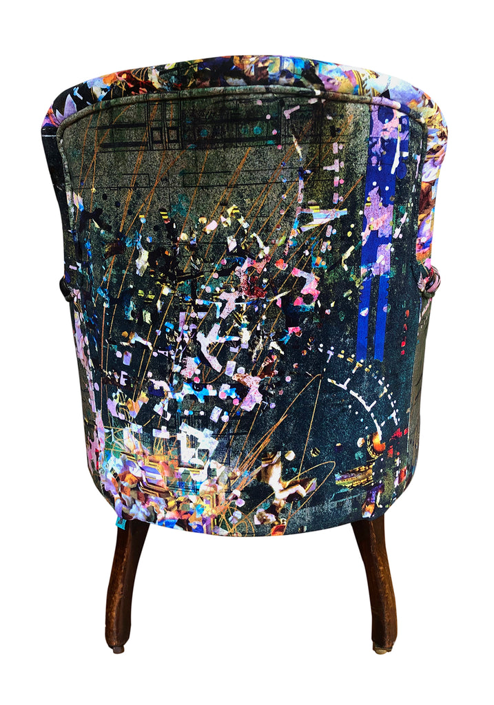 Vintage velvet armchair, Wooden accent chair, Contemporary home decor, upholsterer in Derbsyhire, Dark green patterned velvet, Fabric made in the uk, Interiors shop in derbyshire