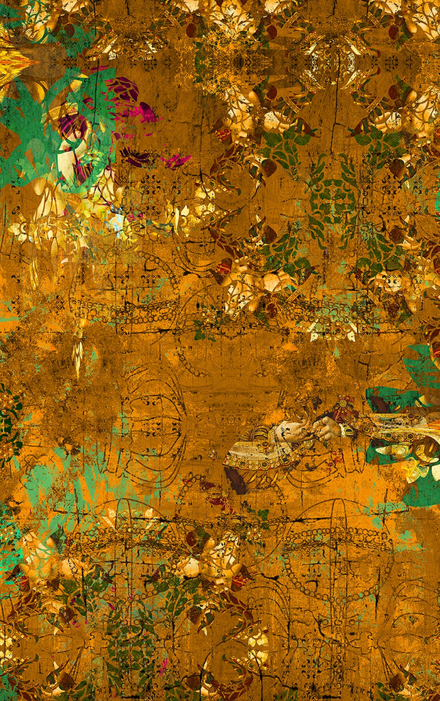 Henry wallpaper in rich gold and green design with intricate Tudor-inspired details.