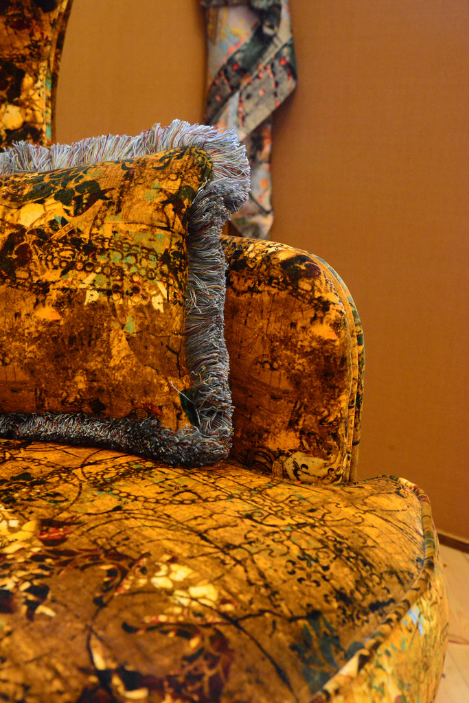 Mustard yellow wingback chair, Luxury Henry fabric design, Handcrafted statement chair, Contemporary upholstered chair, High-back armchair, Interior shop in Derbyshire, Textiles Wirksworth uk