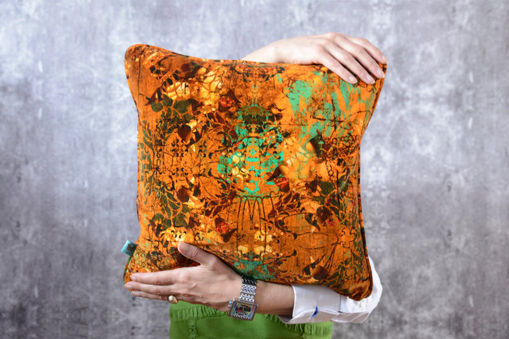 Henry velvet luxury designer cushion showing intricate design inspired by sixteenth-century portraits 