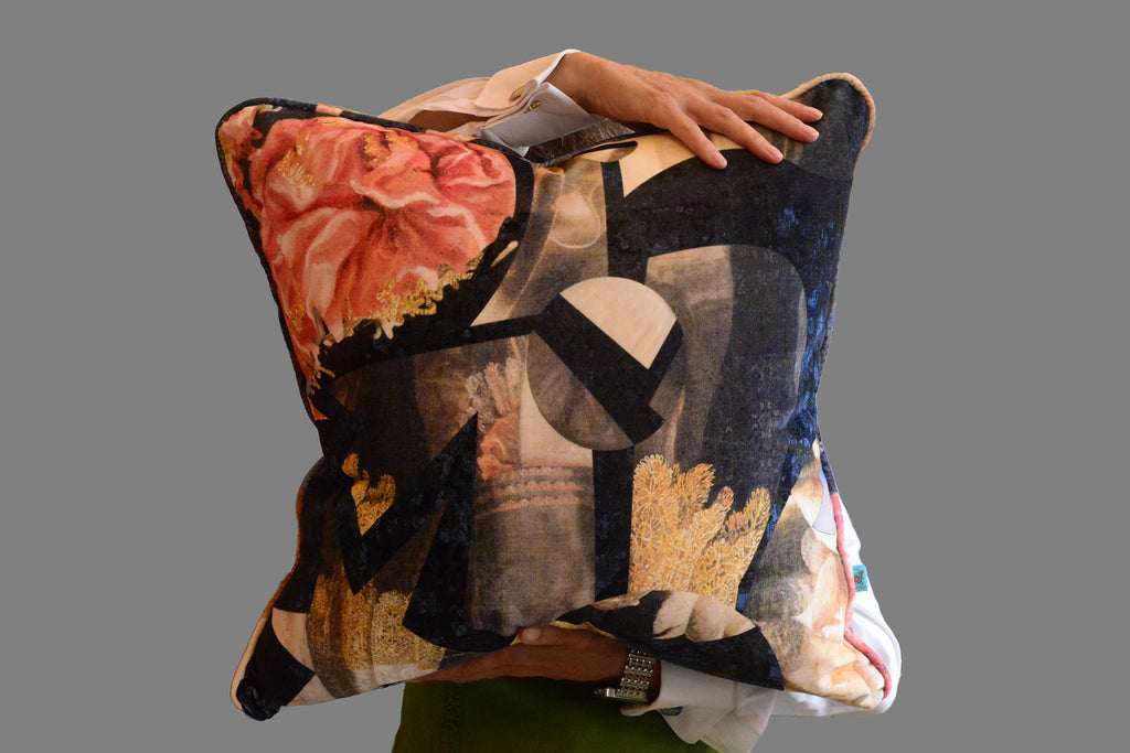 Labyrinth cushion cut-out featuring a square shape with abstract classical pattern in deep, moody tones. 