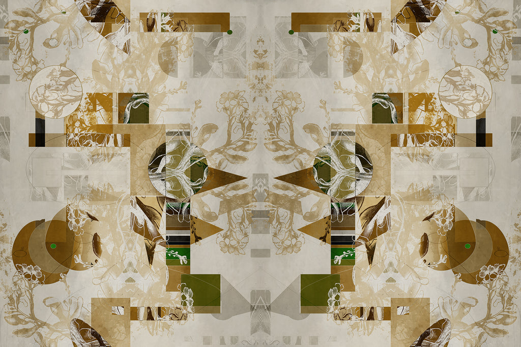 Flat lay of ‘Larson Cool’ wallpaper mural design in beige, brown and green tones in floral and geometric patterns. 