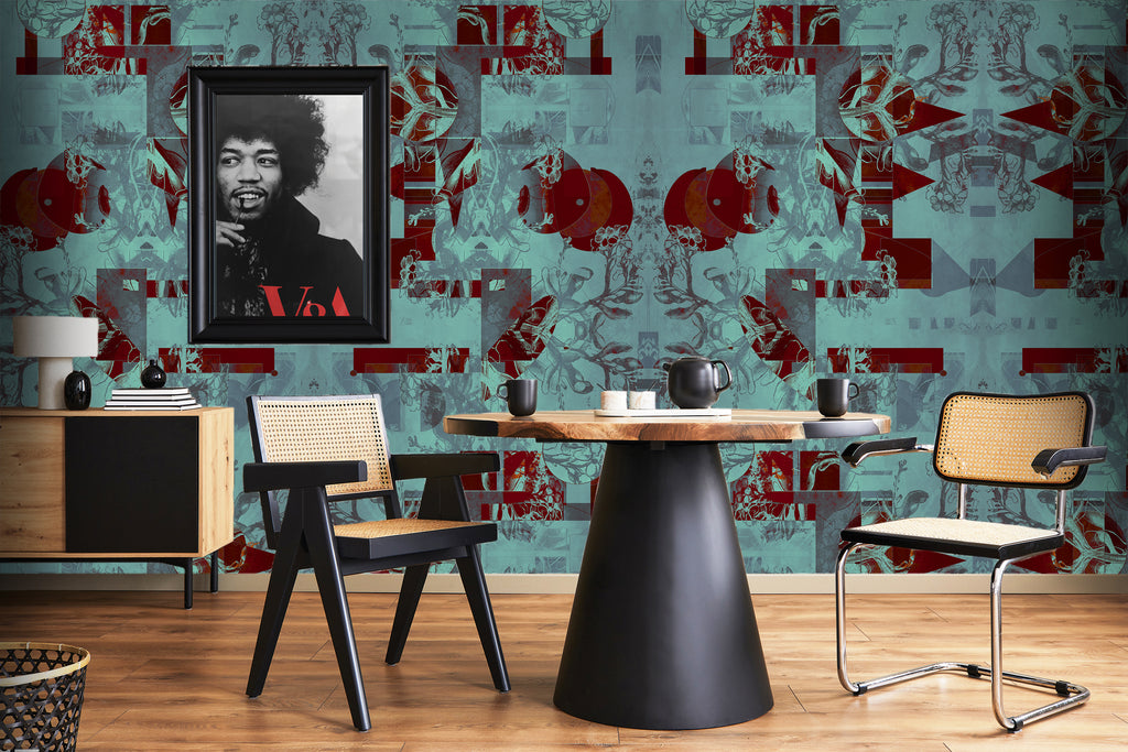 Larson Deep wallpaper styled on a feature wall with dark teal and red geometric pattern. 