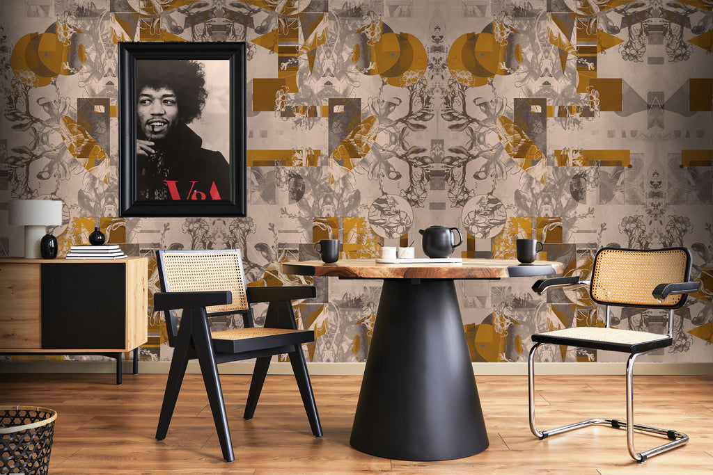 Larson Ochre wallpaper with ochre and grey geometric pattern, featured in a dining room setting. 