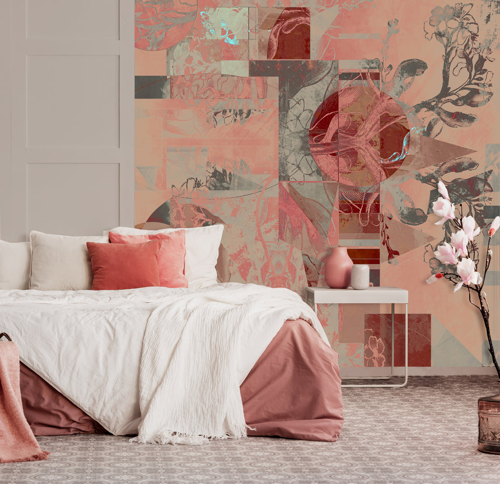 Modern bedroom interior featuring Larson Retro wallpaper in soft pink and red hues 