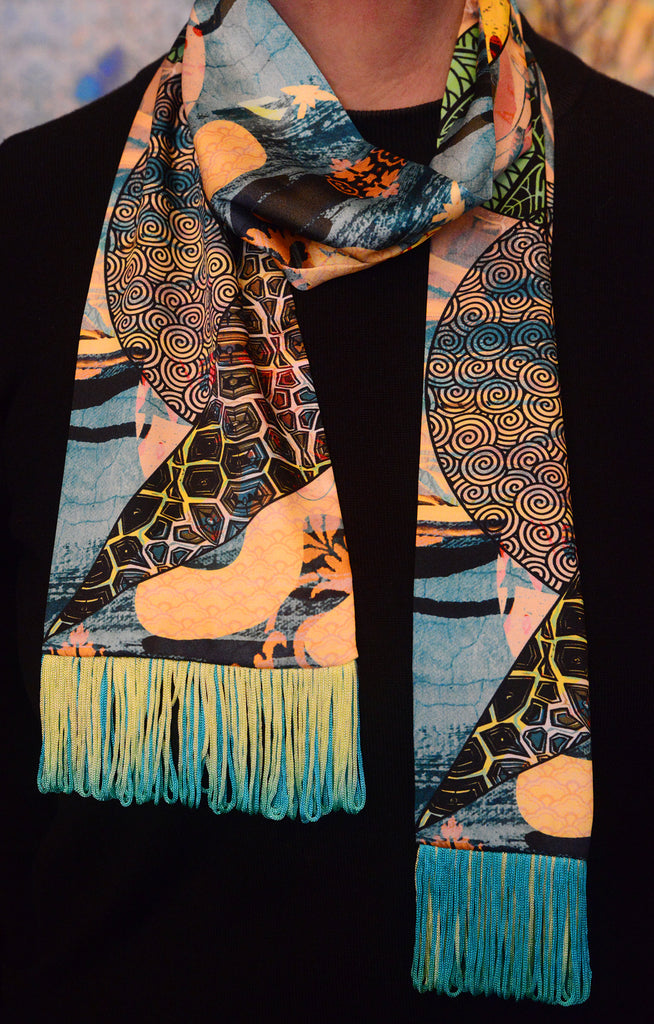 luxury silk scarves for sale UK, Designer velvet scarf for sale UK, sustainable silk scarf for sale UK, Blackpop fashion, silk scarf for sale, blue scarf for sale UK, blue and yellow silk scarf for sale UK
