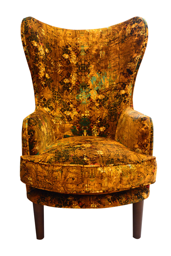 Mustard yellow wingback chair, Luxury Henry fabric design, Handcrafted statement chair, Contemporary upholstered chair, High-back armchair, Interior shop in Derbyshire, Textiles Wirksworth uk
