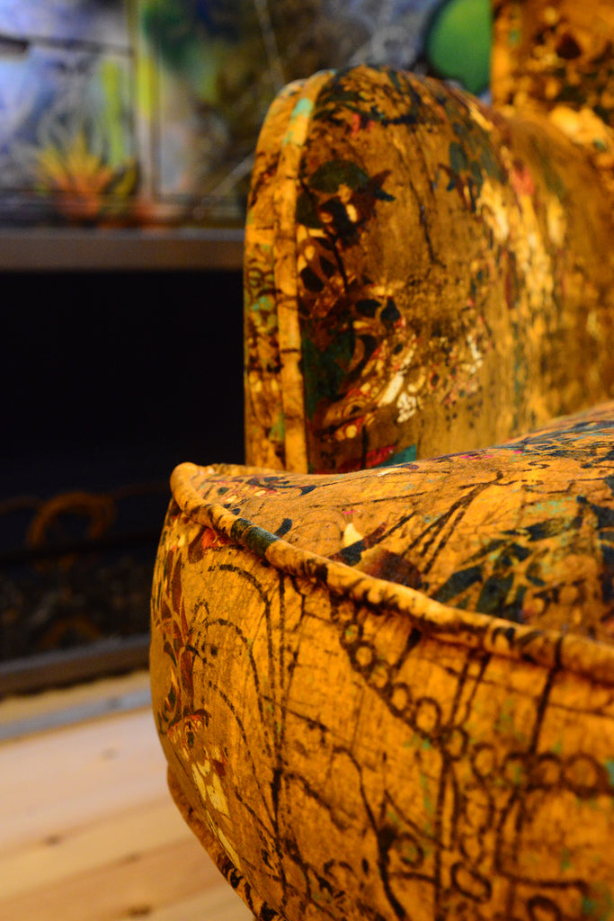 Mustard yellow wingback chair, Luxury Henry fabric design, Handcrafted statement chair, Contemporary upholstered chair, High-back armchair, Interior shop in Derbyshire, Textiles Wirksworth uk