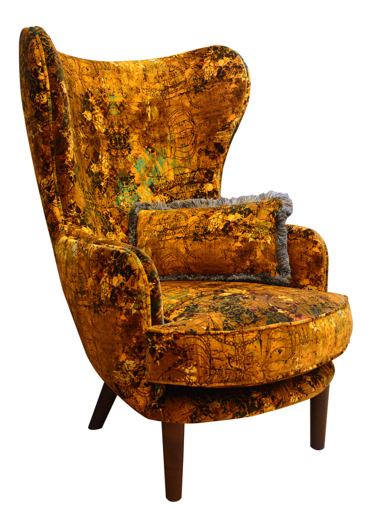 Mustard yellow wingback chair, Luxury Henry fabric design, Handcrafted statement chair, Contemporary upholstered chair, High-back armchair, Interior shop in Derbyshire, Textiles Wirksworth uk