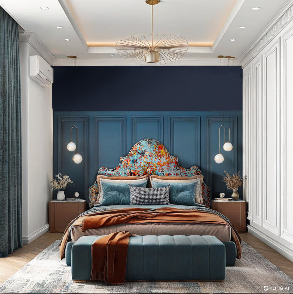 An arched ‘Mary’ velvet abstract patterned, blue and orange upholstered headboard styled in a modern bedroom interior. 