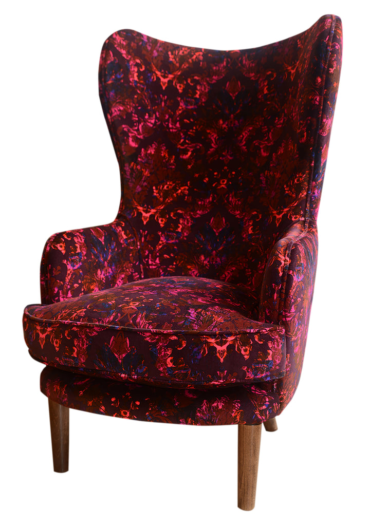 luxury velvet armchair, designer velvet armchair for sale UK, red velvet armchair for sale, curved armchair for sale, damask patterned velvet chair, Wooden tapered legs, Vibrant red accent chair, interiors shop in Derbyshire, Textiles Wirksworth UK