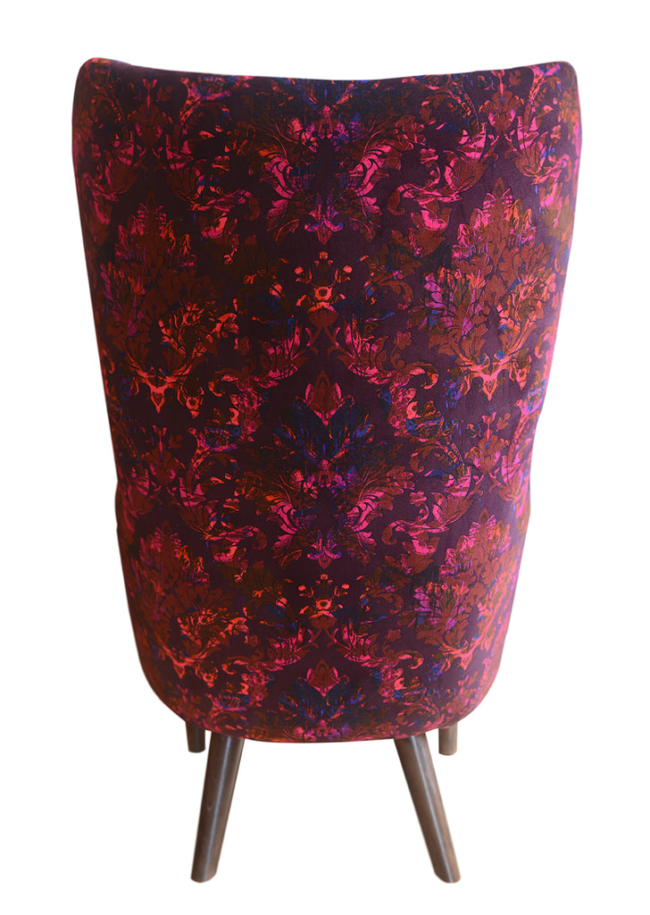 luxury velvet armchair, designer velvet armchair for sale UK, red velvet armchair for sale, curved armchair for sale, damask patterned velvet chair, Wooden tapered legs, Vibrant red accent chair, interiors shop in Derbyshire, Textiles Wirksworth UK